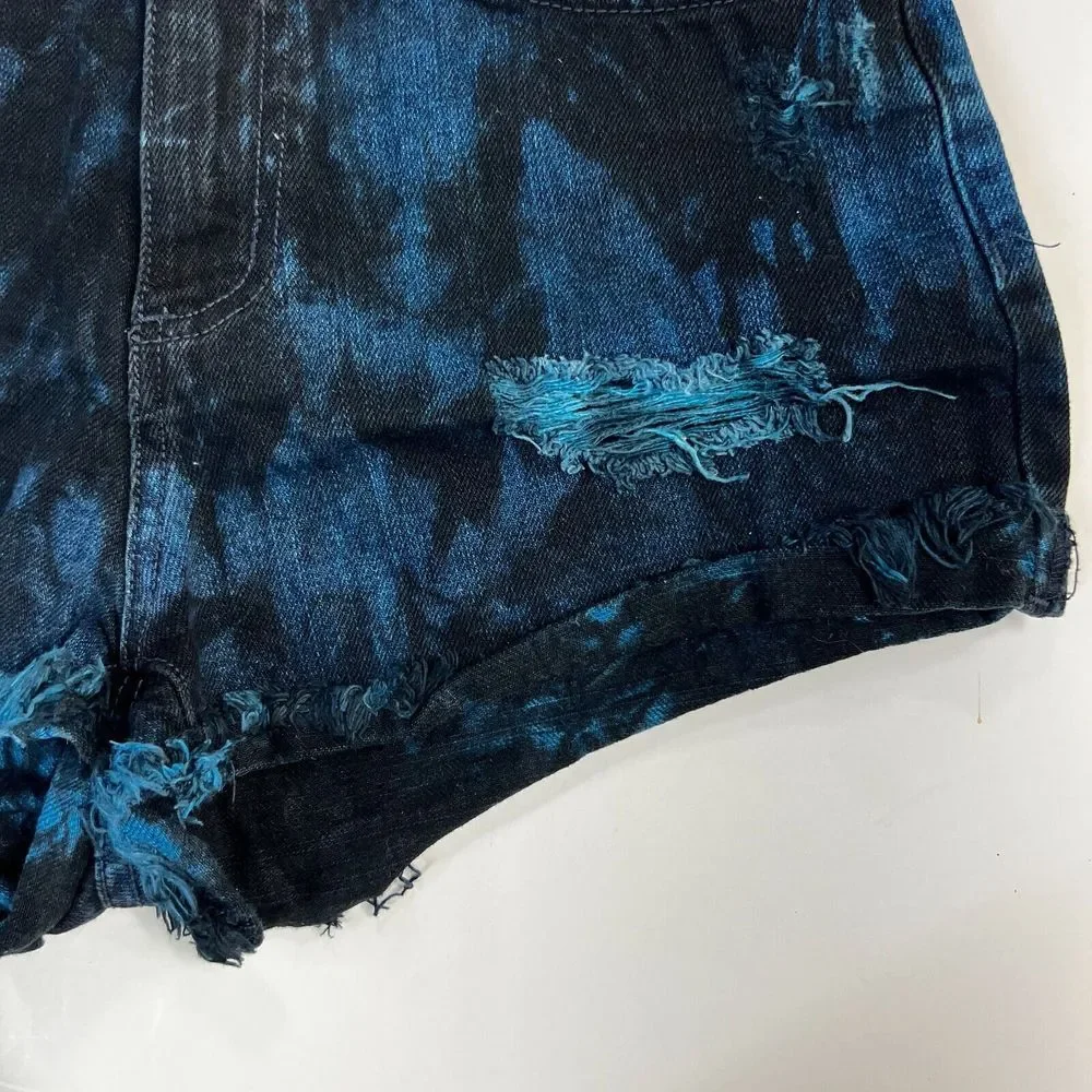CARMAR Blue Black Tie Dye Cut Off Shorts Size 28 Jean Denim Acid Wash Distressed